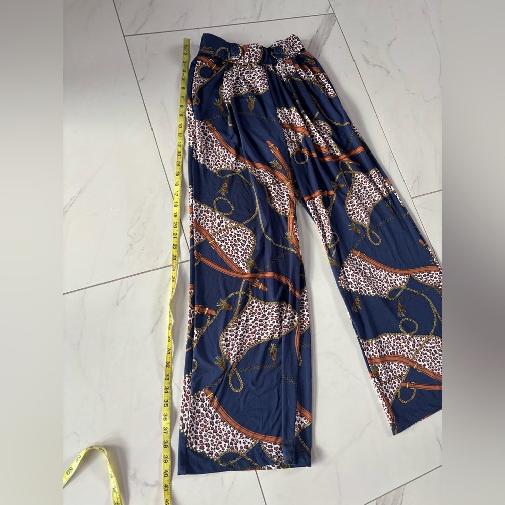 Robert Louis Navy Wide-Leg Printed Jumpsuit Pants with Brown & White Motif - Picture 7 of 8